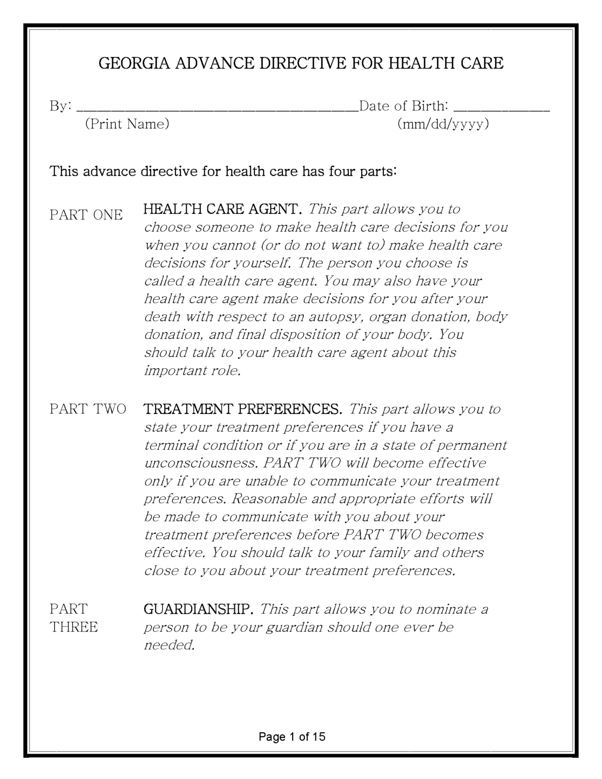 Free Georgia Advance Directive Form Pdf