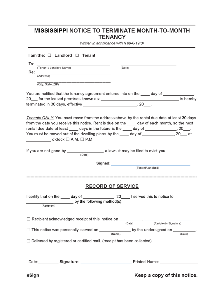 Free Mississippi Day Notice To Quit Lease Termination Letter Pdf Word
