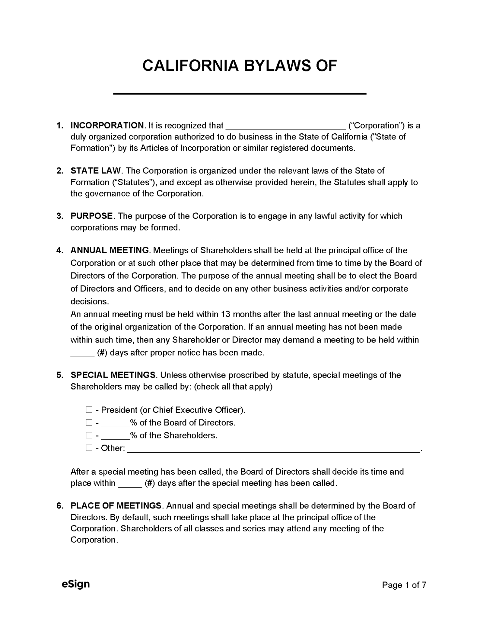 Free California Corporate Bylaws Template Pdf Word