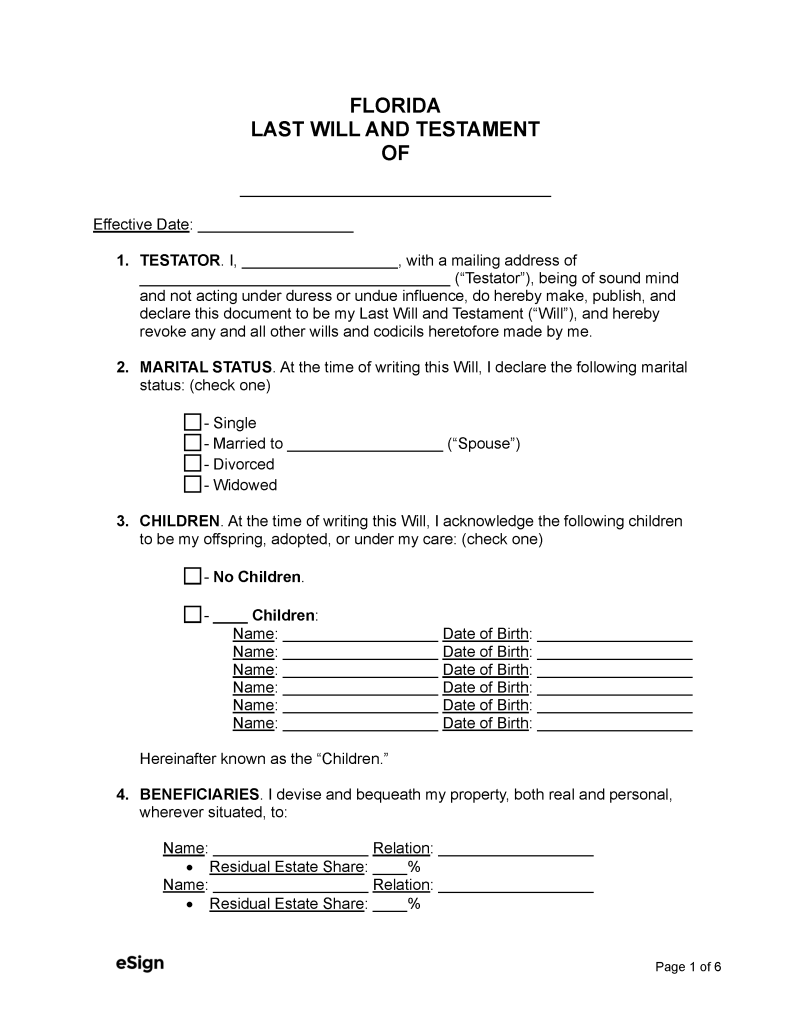 Free Florida Last Will And Testament Template Pdf Word