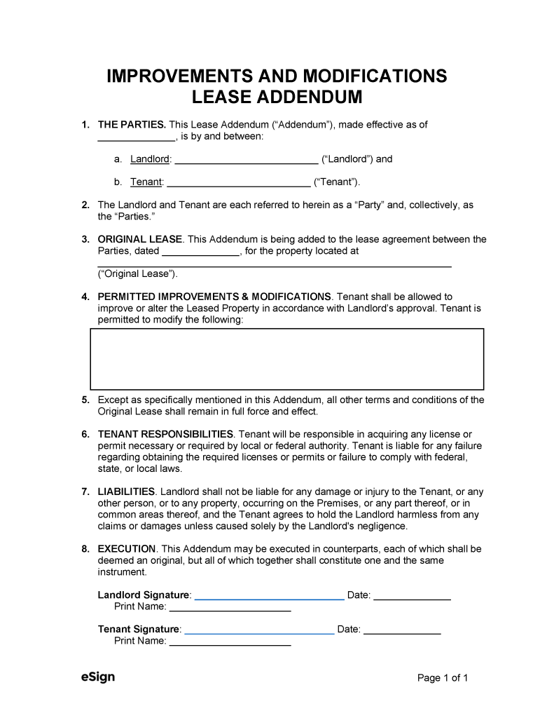 Free Improvements And Modifications Lease Addendum Pdf Word