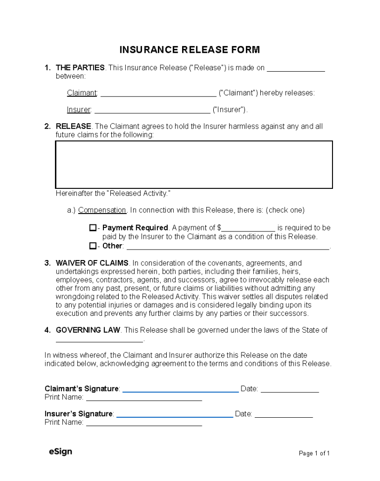 Free Insurance Release Form Pdf Word