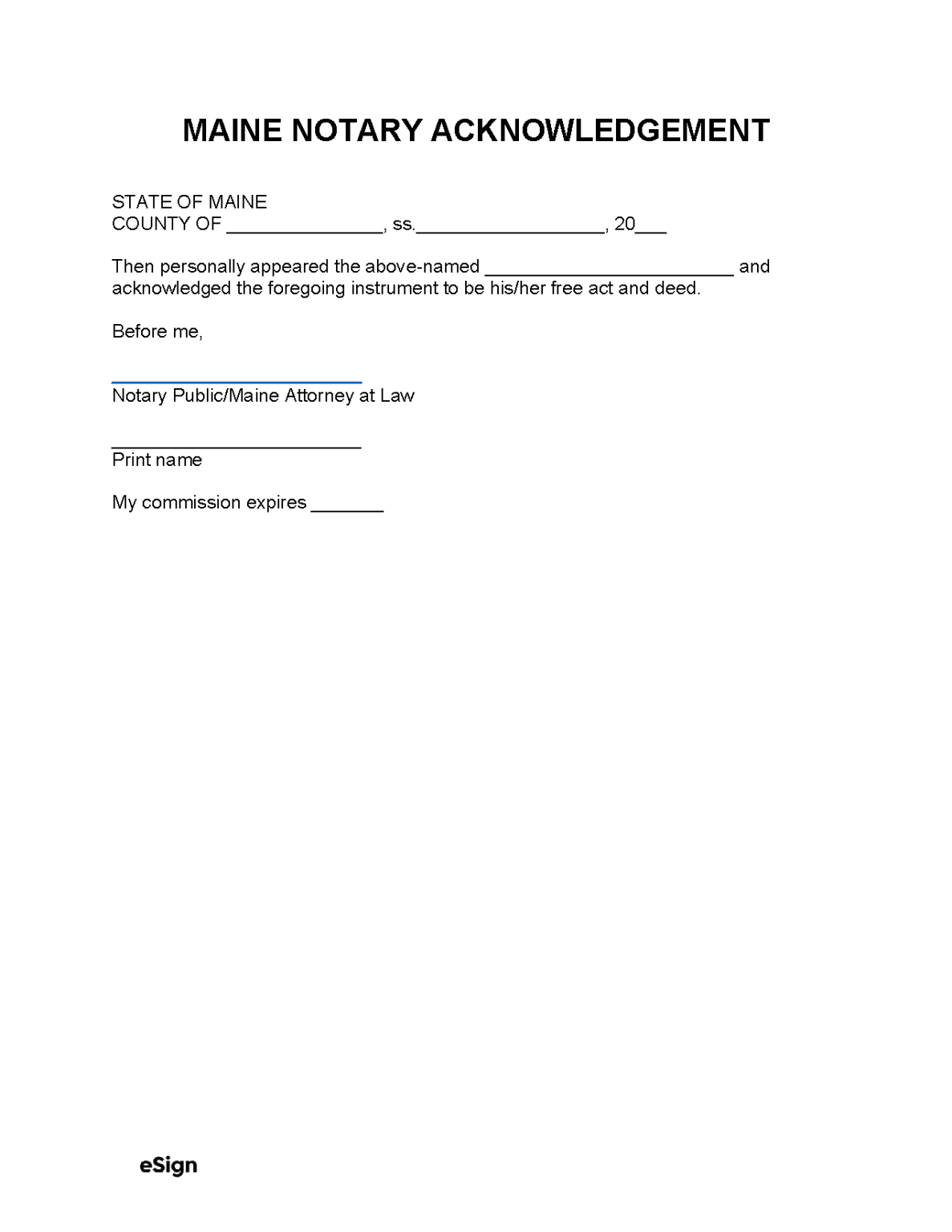 Free Maine Notary Acknowledgment Form PDF Word