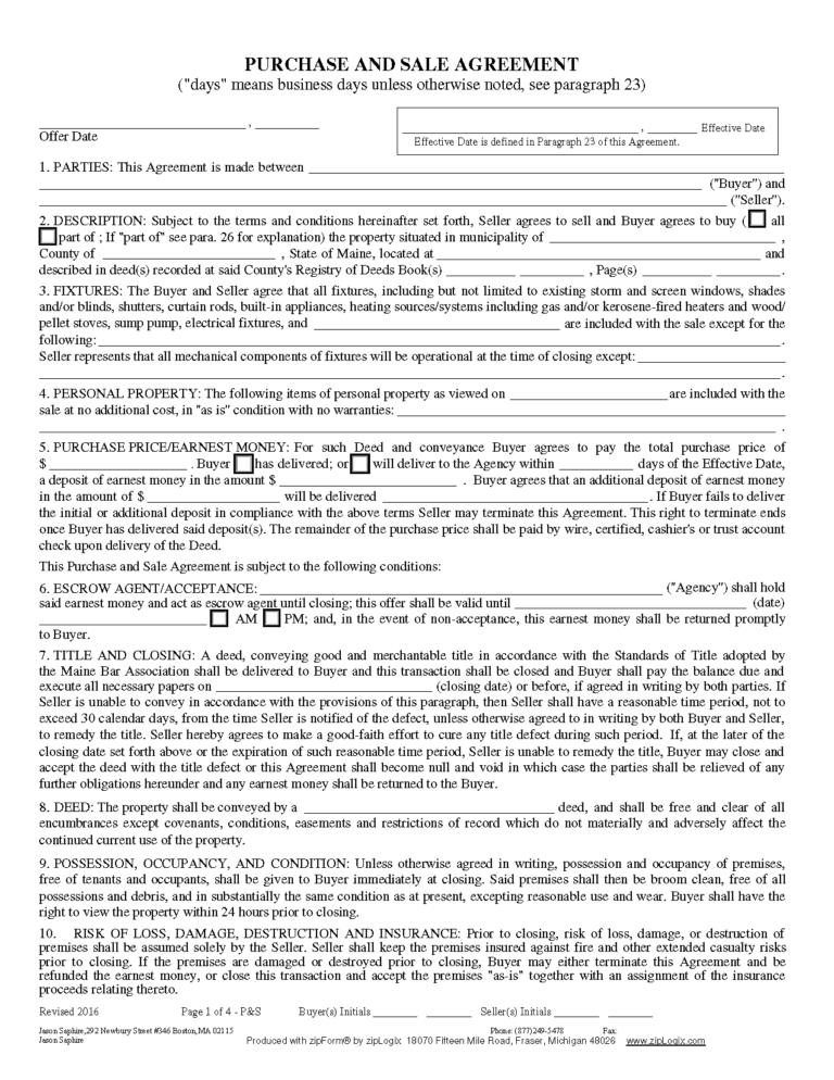 Free Maine Residential Purchase And Sale Agreement PDF Word