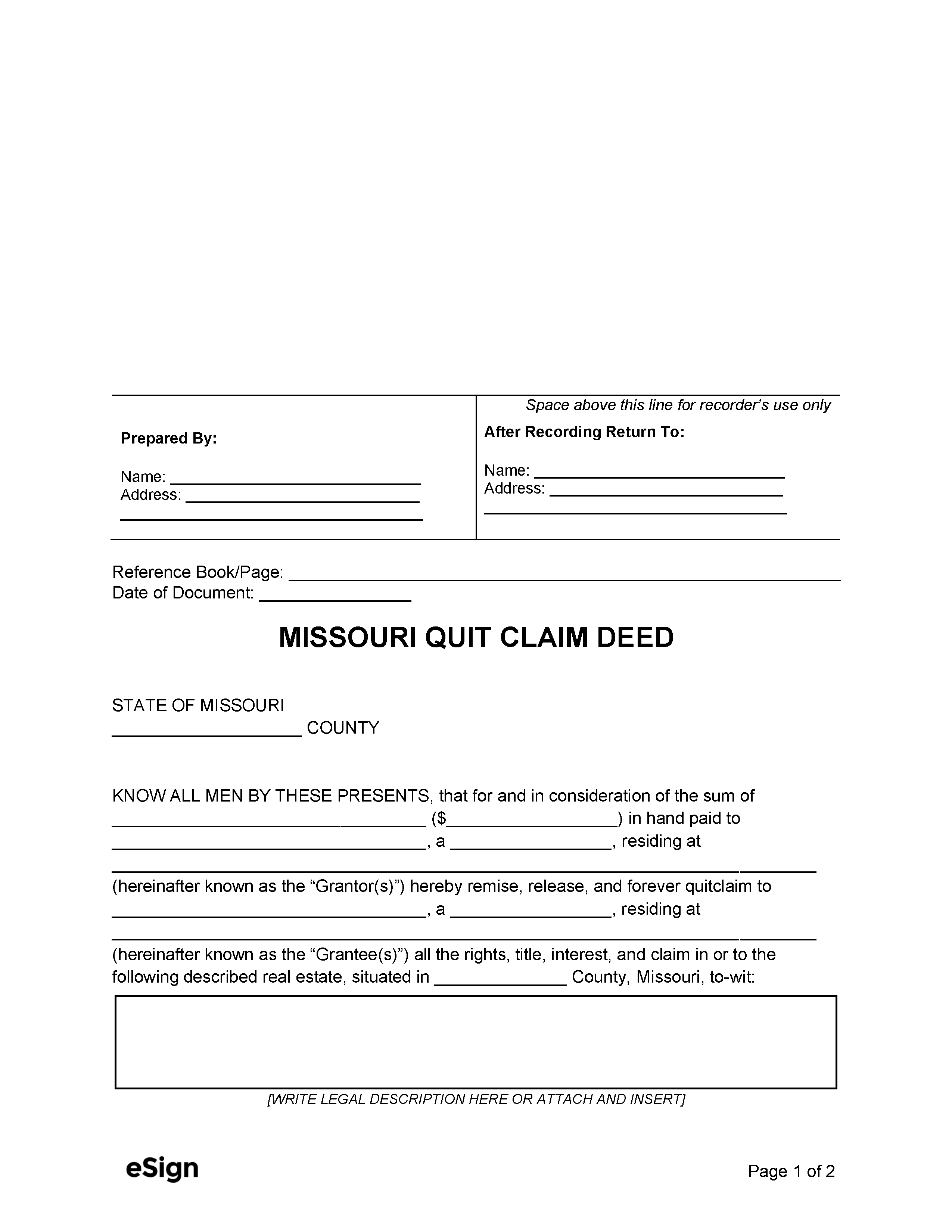 Free Missouri Quit Claim Deed Form PDF Word