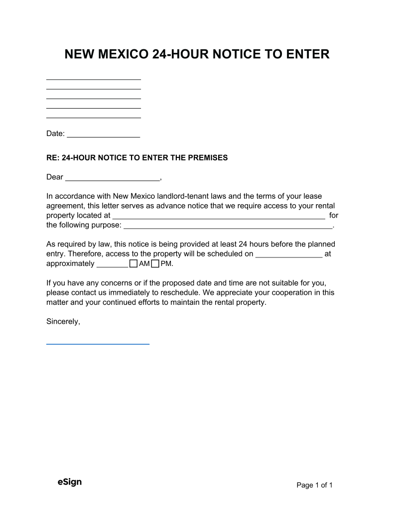 Free New Mexico Landlord Notice To Enter 24 Hour PDF Word