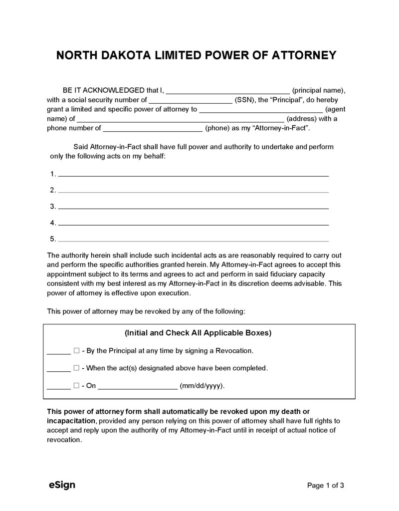 Free North Dakota Limited Power Of Attorney Form PDF Word