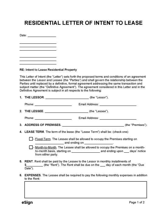 Free Residential Letter Of Intent To Lease Pdf Word