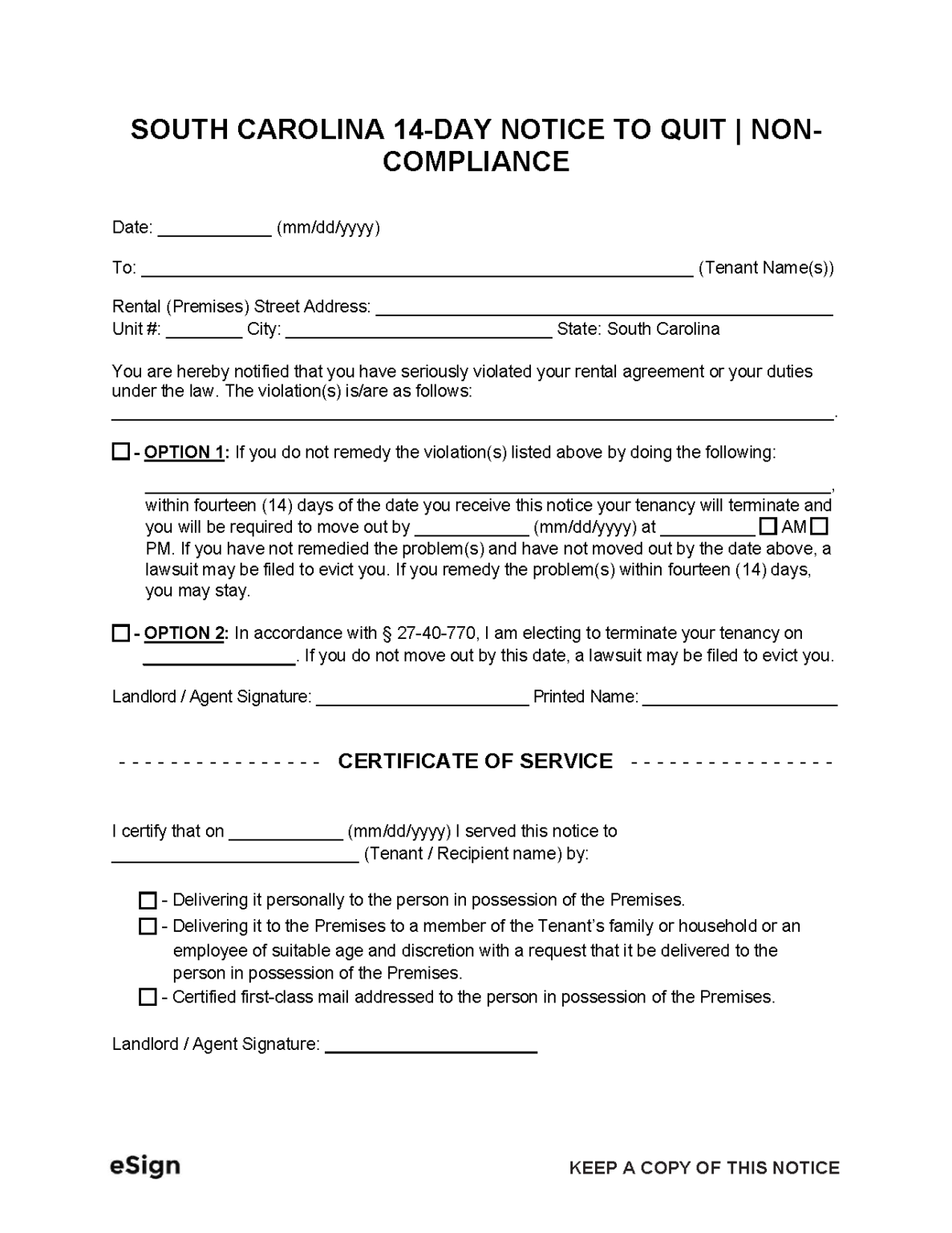 Free South Carolina Day Notice To Quit Non Compliance Pdf Word