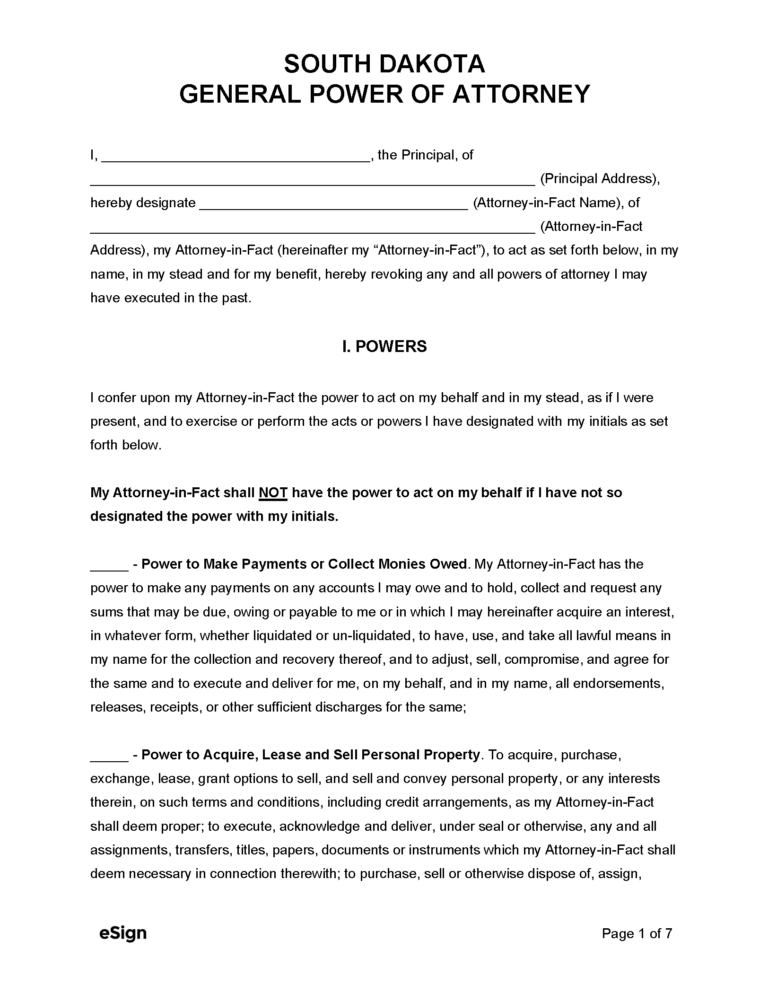 Free South Dakota General Power Of Attorney Form Pdf Word