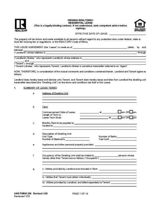 Free Virginia Standard Residential Lease Agreement Pdf