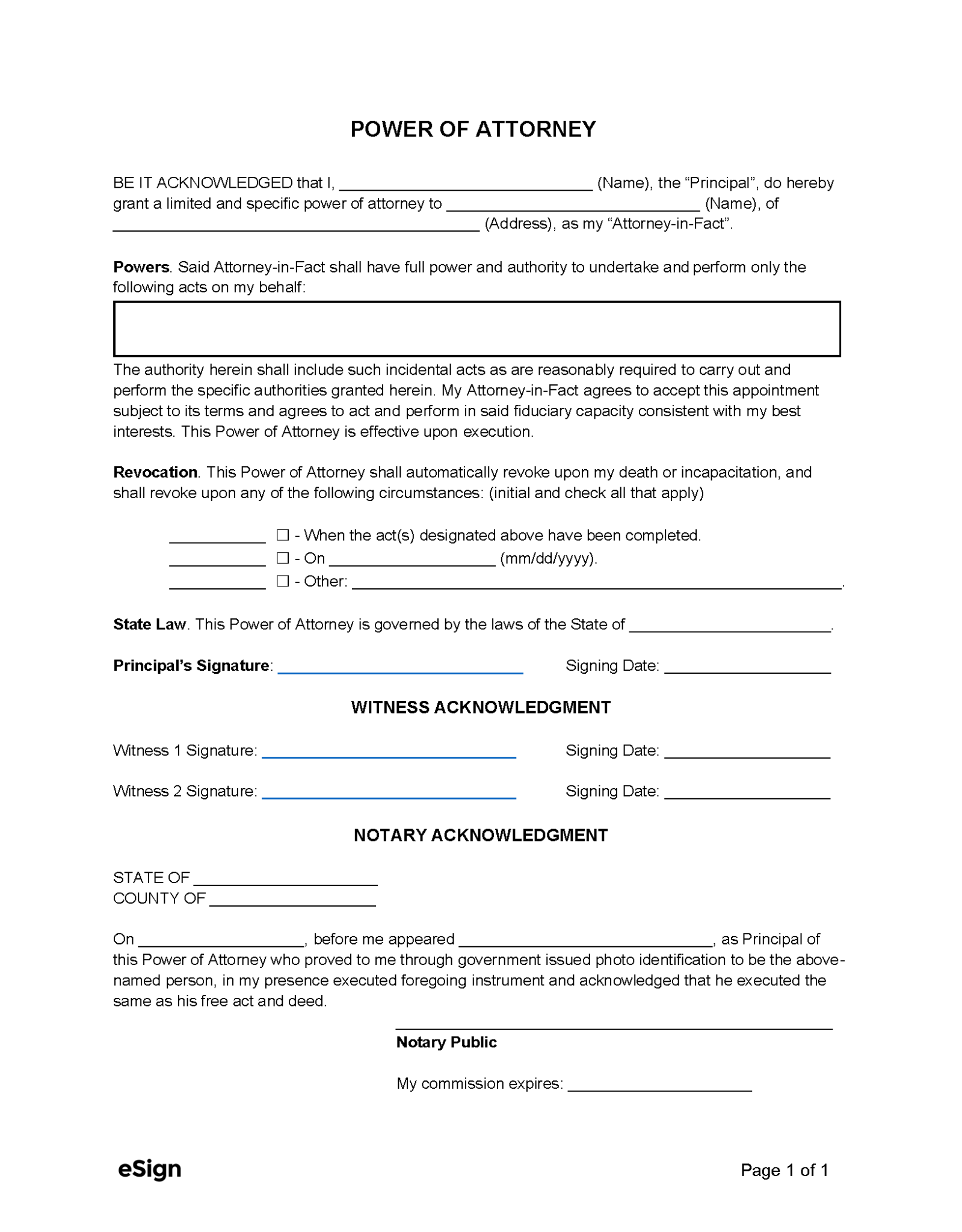 Free Simple (1-page) Power Of Attorney Form 