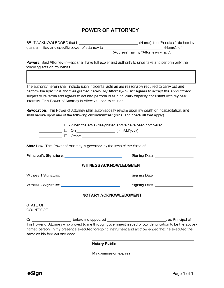 Free Simple (1-Page) Power of Attorney Form | PDF | Word