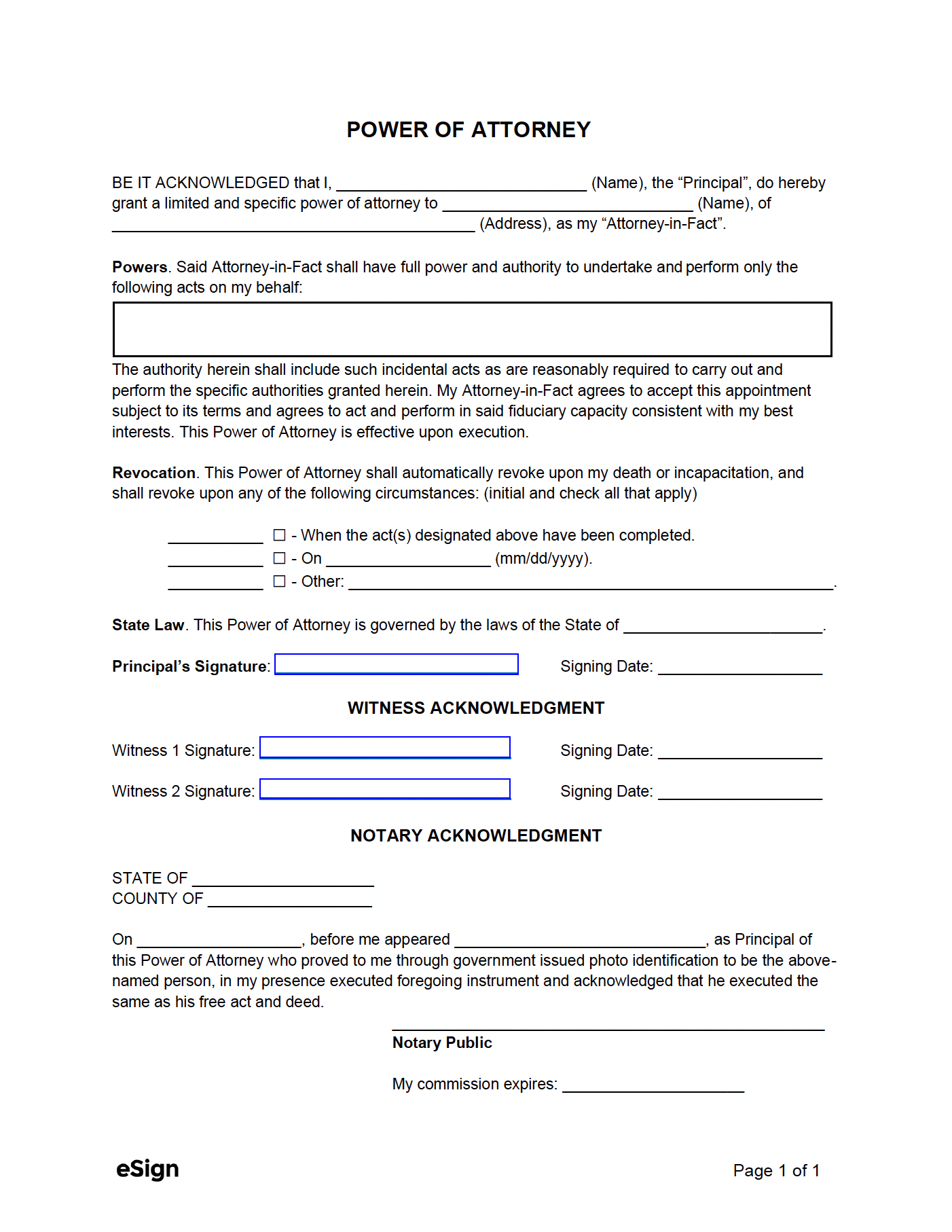 Free Simple (1Page) Power of Attorney Form PDF Word