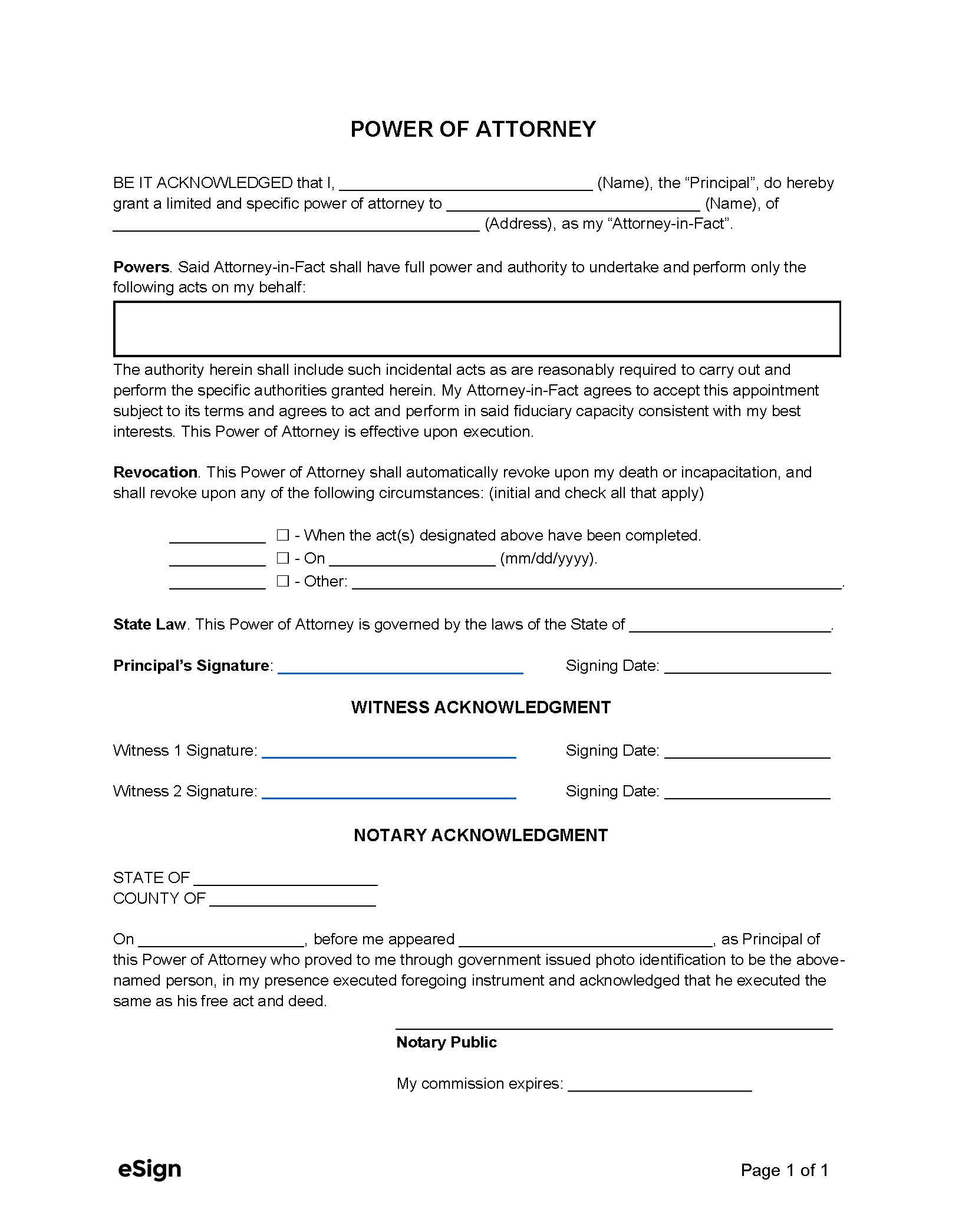 Simple 1-Page Power Of Attorney Form Free Basic Power Of Attorney Form ...