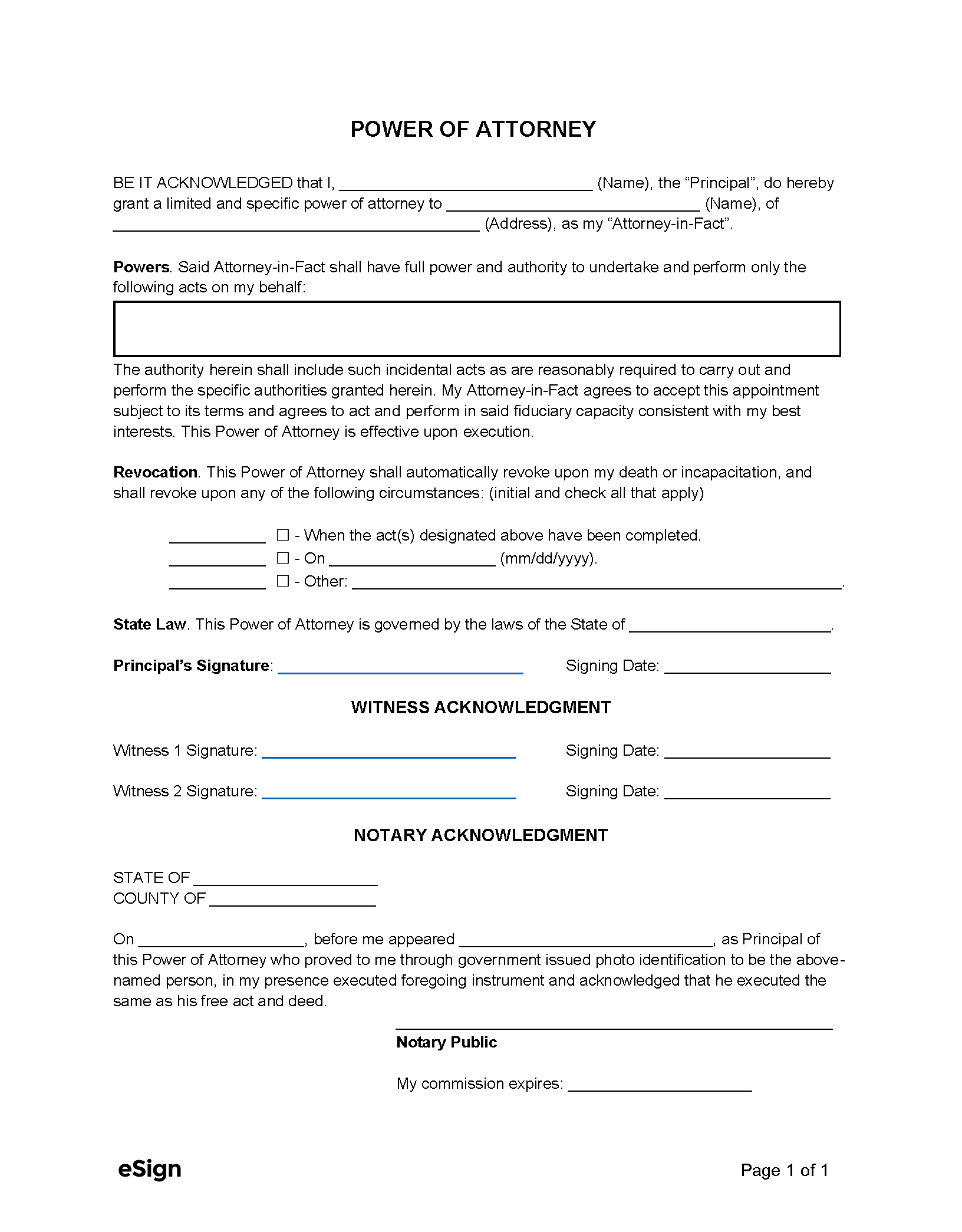 Free Simple 1 Page Power Of Attorney Form PDF Word
