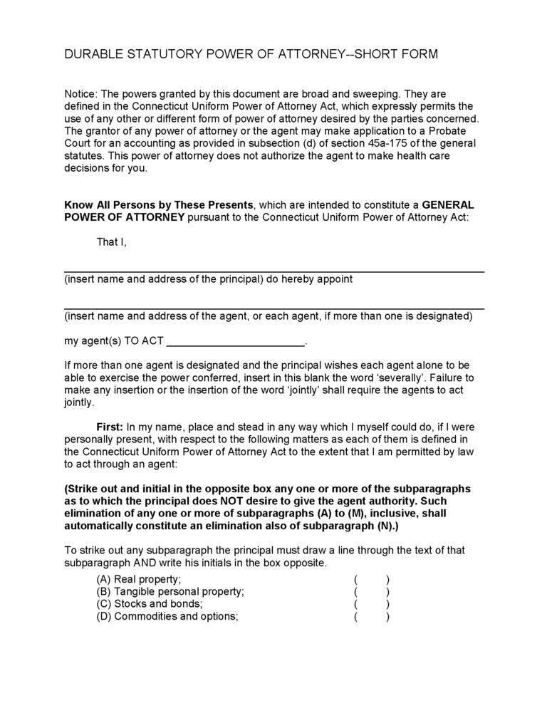 Free Connecticut Statutory Durable Power Of Attorney Form PDF