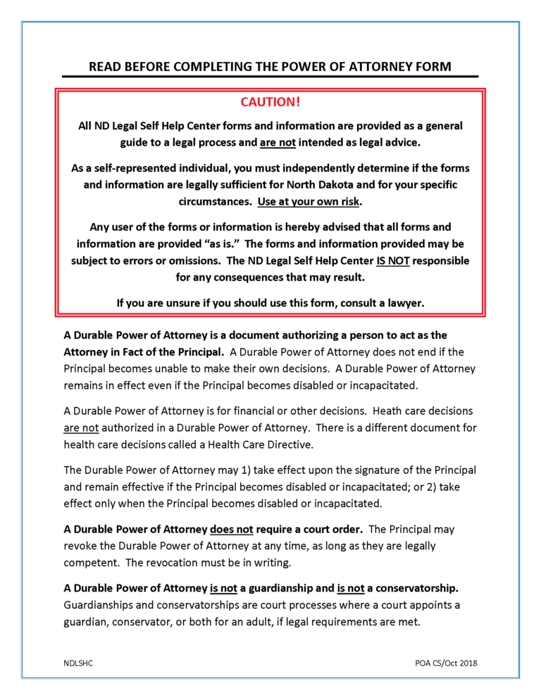 Free North Dakota Durable Power Of Attorney Form Pdf 