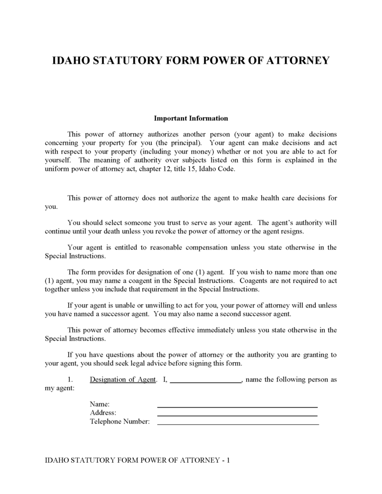 Free Idaho Statutory Durable Power of Attorney Form | PDF