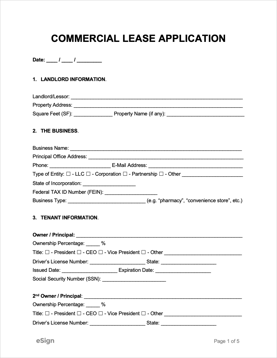 Free Commercial Lease Application PDF Word