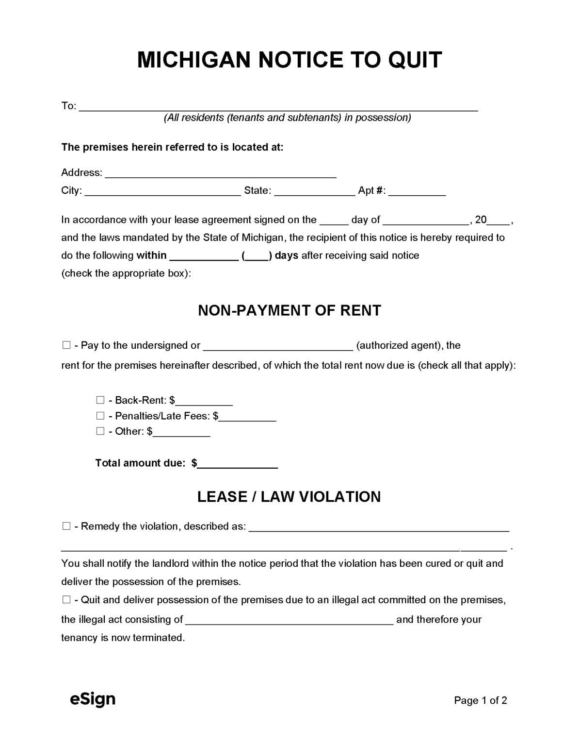 Michigan Eviction Notice Templates Laws Pdf Word 2021 1727