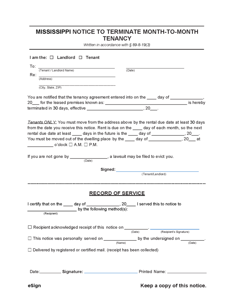 Free Mississippi 30Day Notice to Quit Lease Termination Letter PDF
