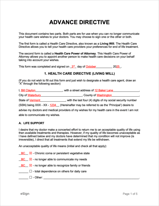 Free Advance Directive Forms PDF Word   SAMPLE Advance Directive Form 550x712 