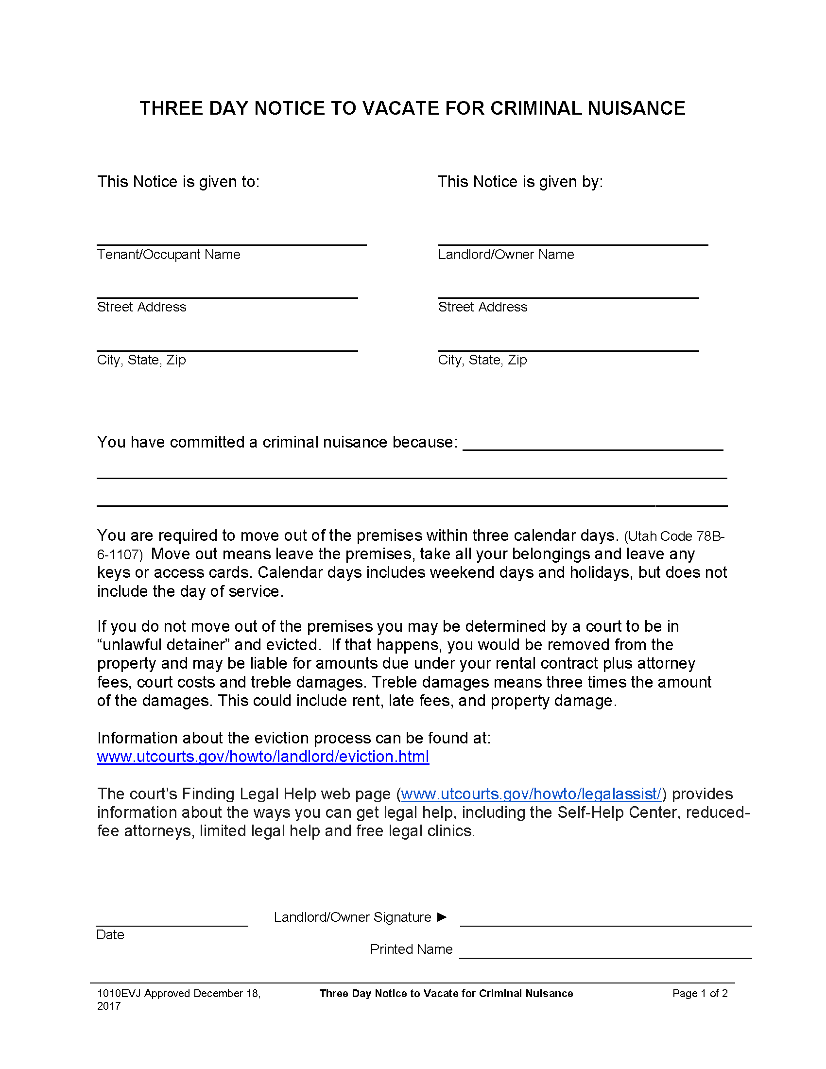 Free Utah 9-Day Notice to Vacate  Nuisance - PDF  Word