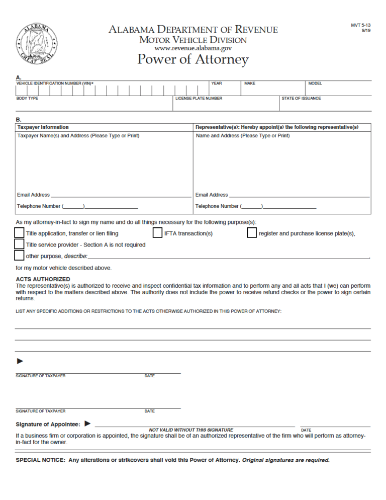 Free Alabama Motor Vehicle Power of Attorney (Form MVT 513) PDF