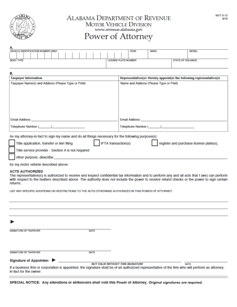 power of attorney for a vehicle transaction
