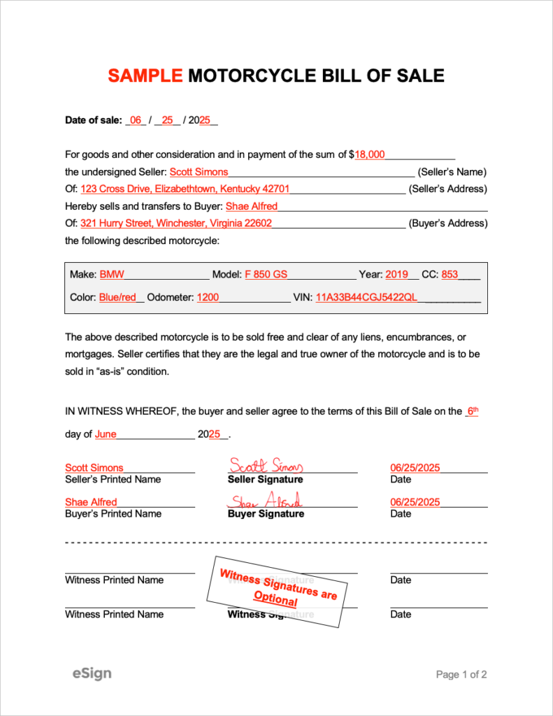 Free Motorcycle Bill of Sale Form | PDF | Word