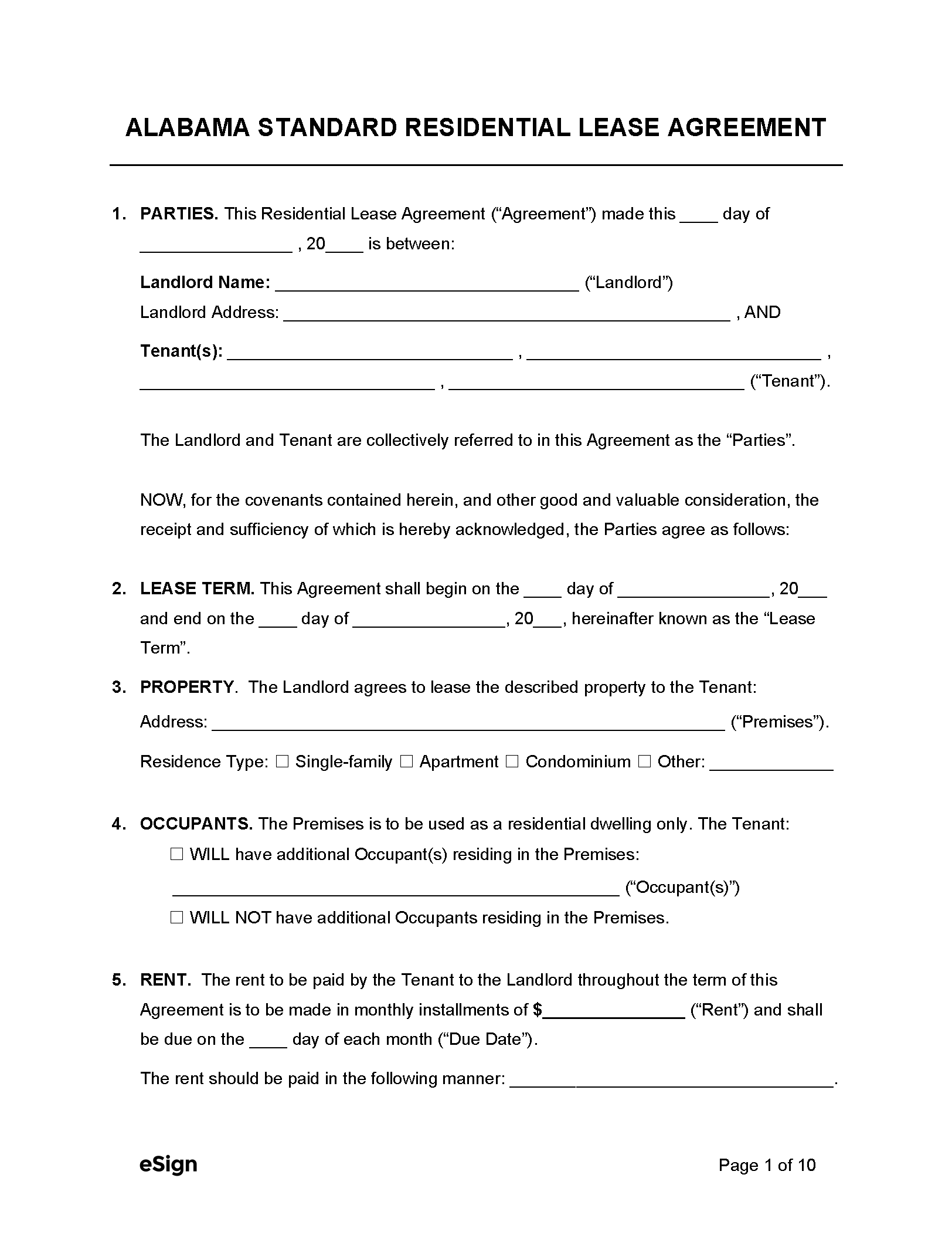 Alabama Residential Lease Agreement Short Form Printable Form 