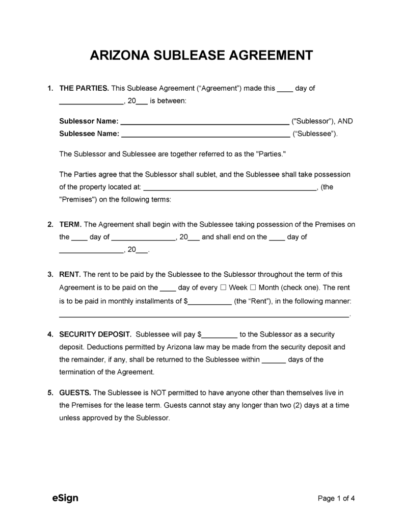 Arizona Sublease Agreement Template