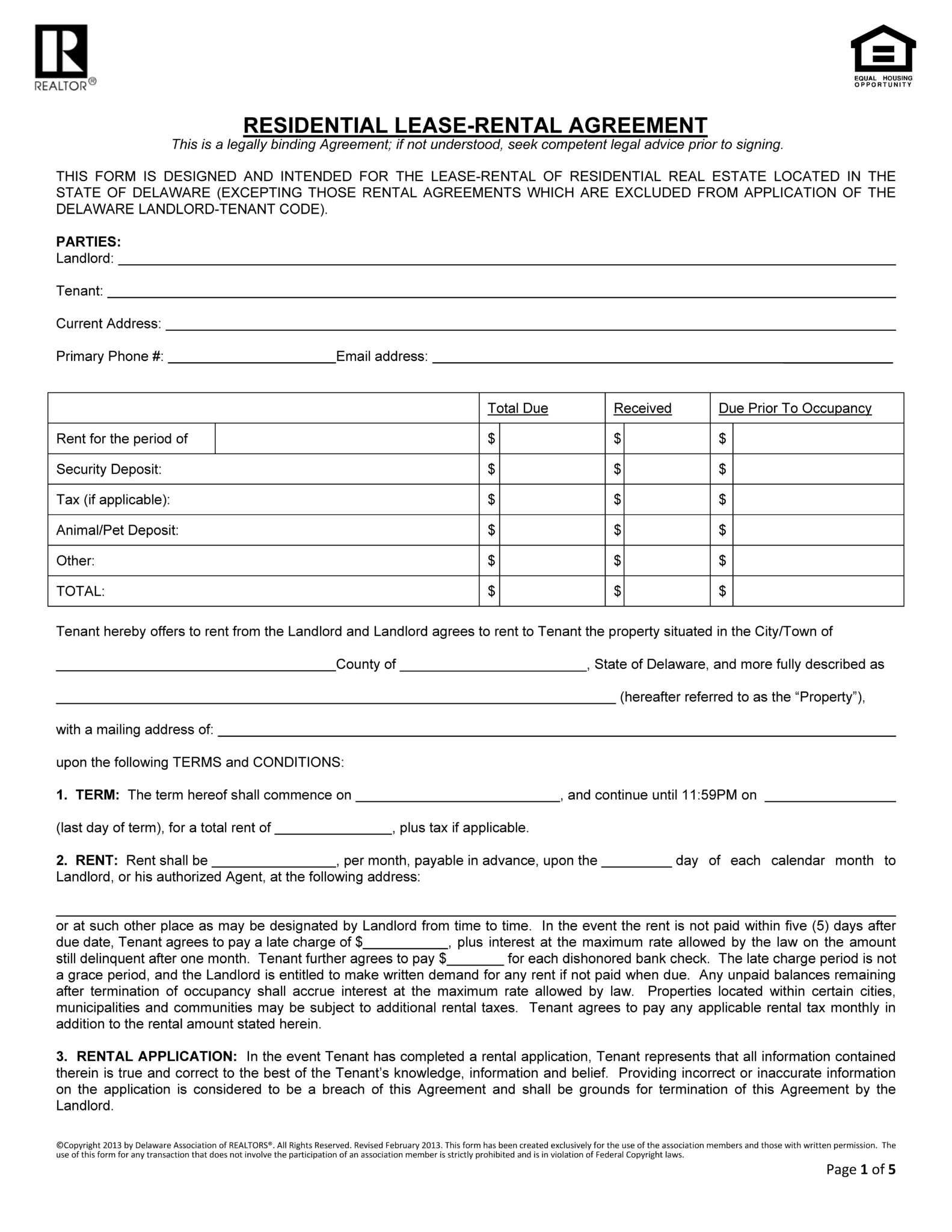 Free Delaware Standard Residential Lease Agreement PDF Word