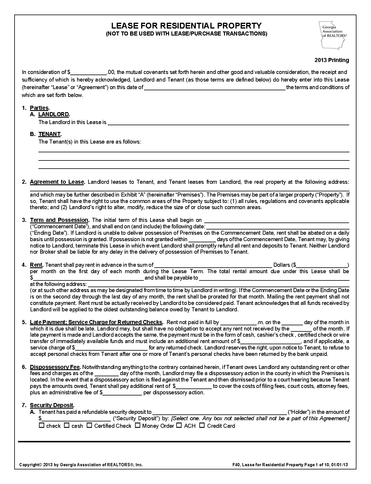 Free Georgia Standard Residential Lease Agreement PDF