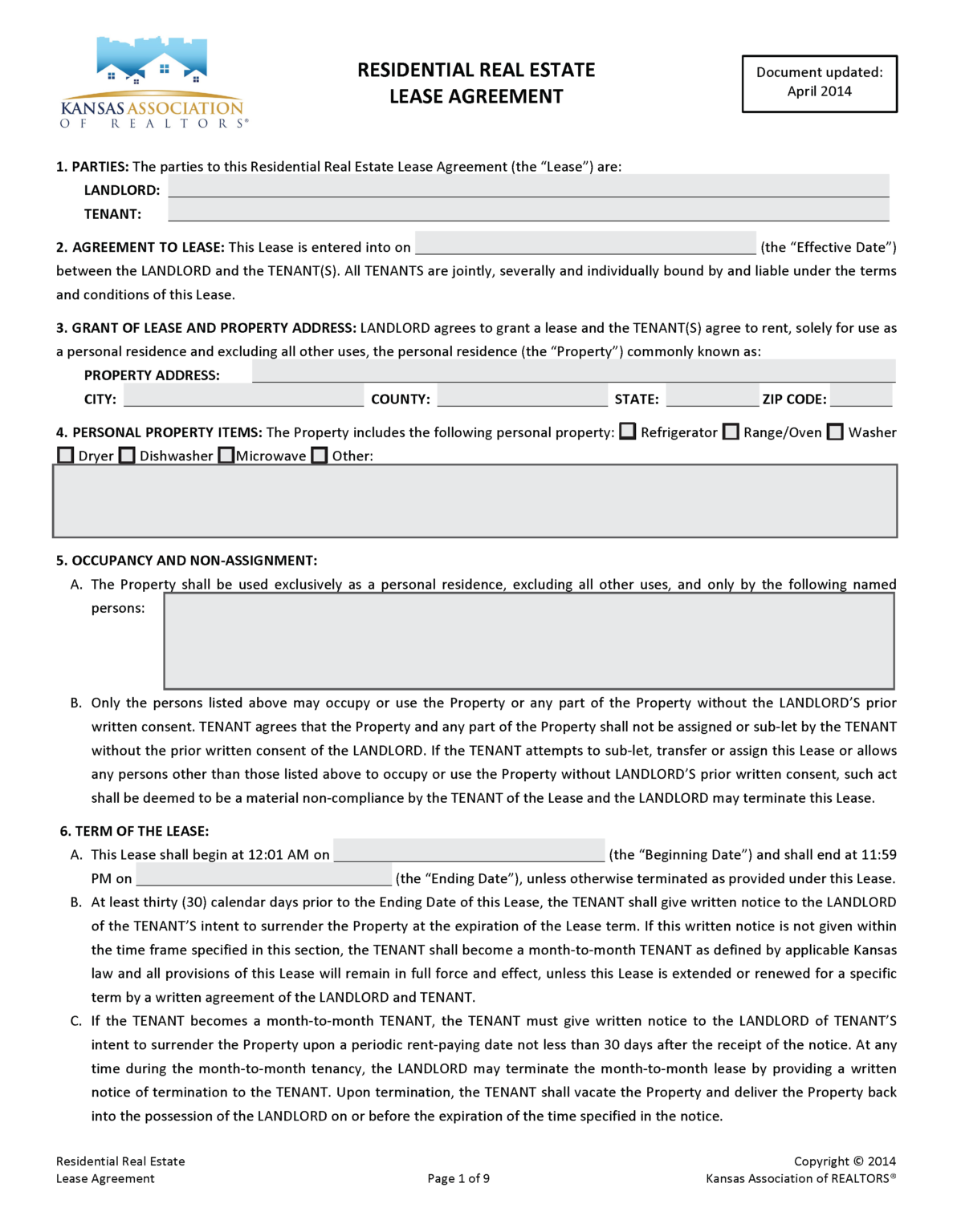 Free Kansas Standard Residential Lease Agreement PDF Word