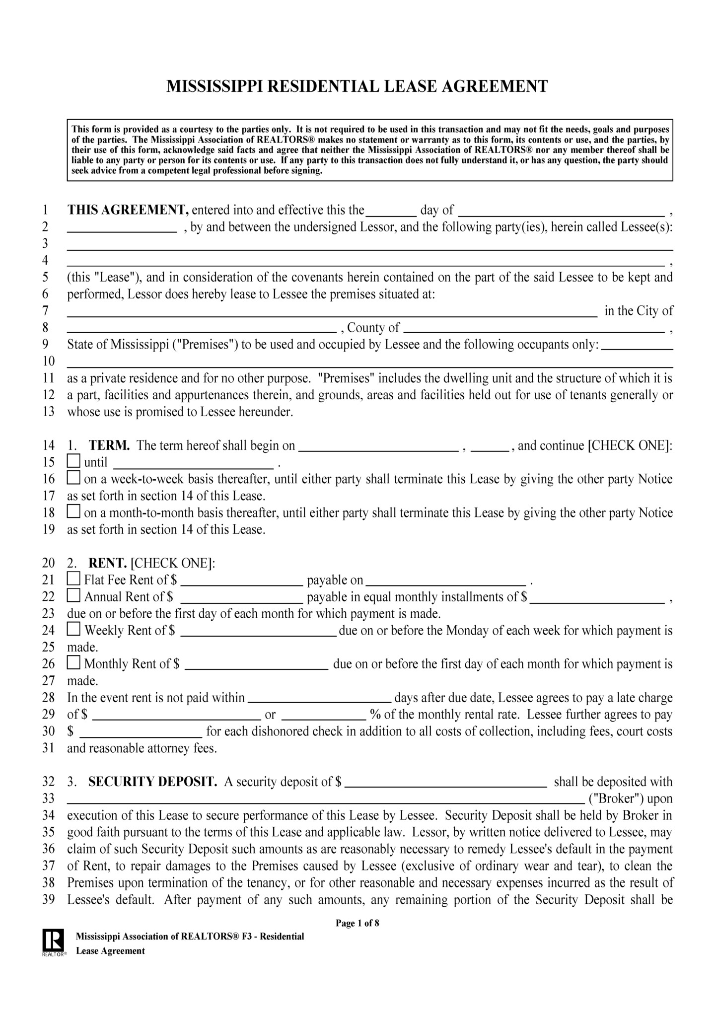 Free Mississippi Standard Residential Lease Agreement PDF Word