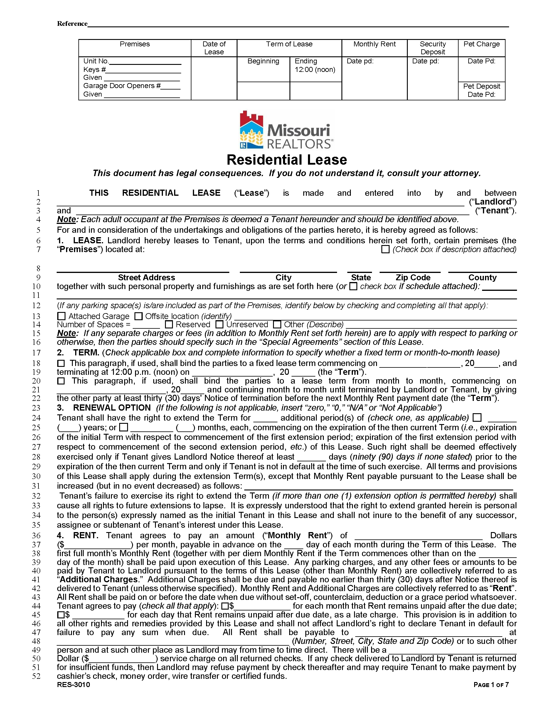 Free Missouri Standard Residential Lease Agreement PDF Word