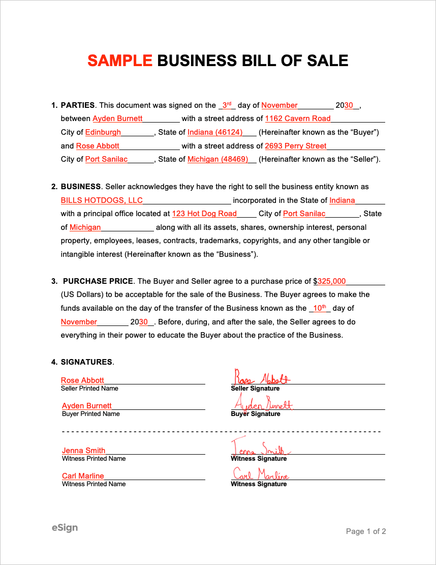 Free Business Bill of Sale Form PDF Word