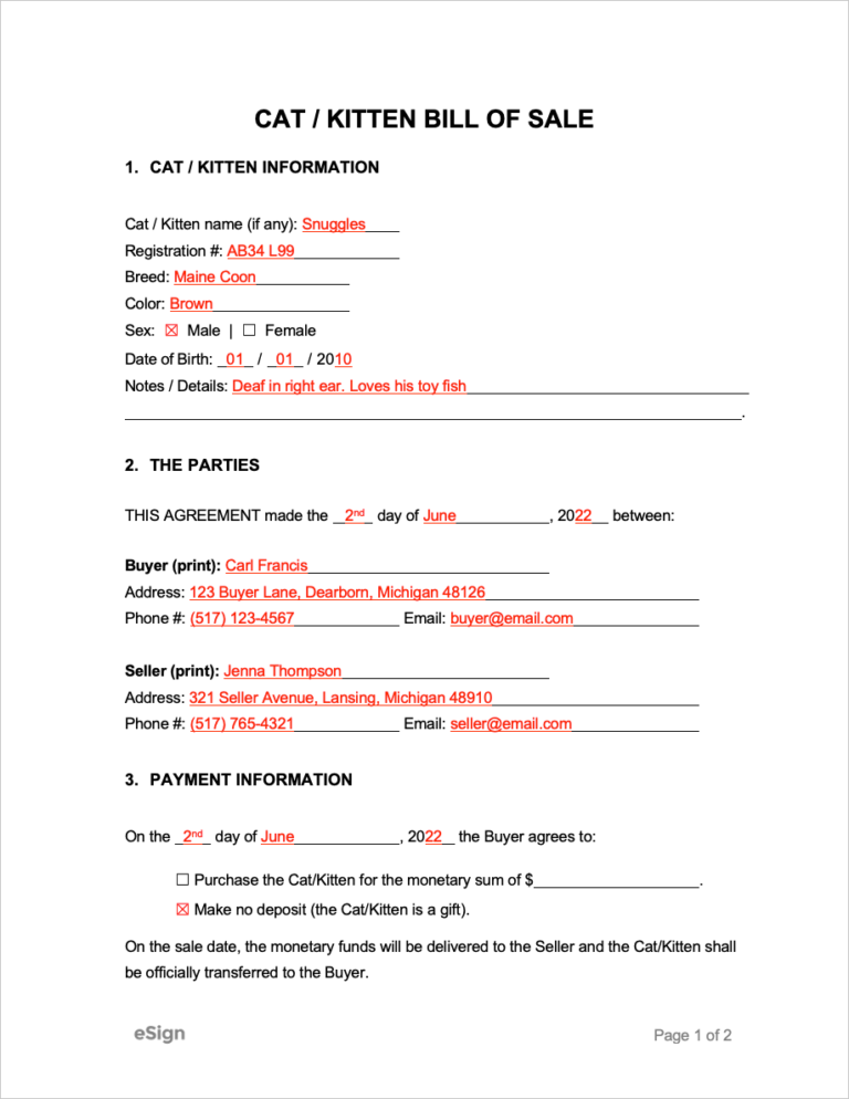 Free Cat/Kitten Bill of Sale Form PDF Word