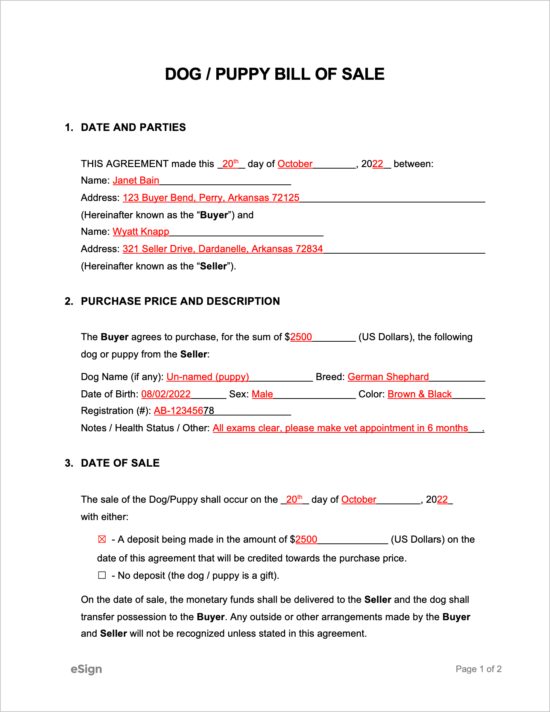 Free Dog / Puppy Bill of Sale Form PDF Word