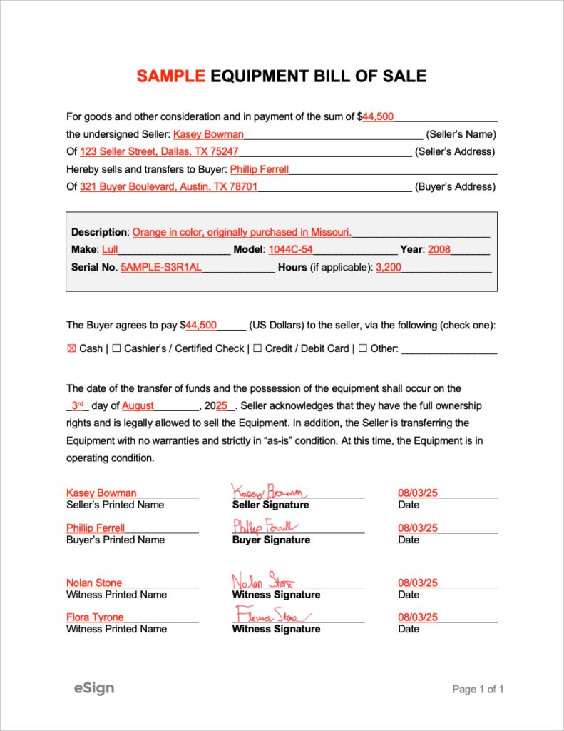 Equipment Bill Of Sale Word Template