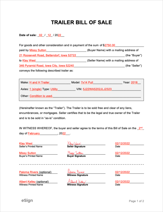 Free Trailer Bill Of Sale Form PDF Word