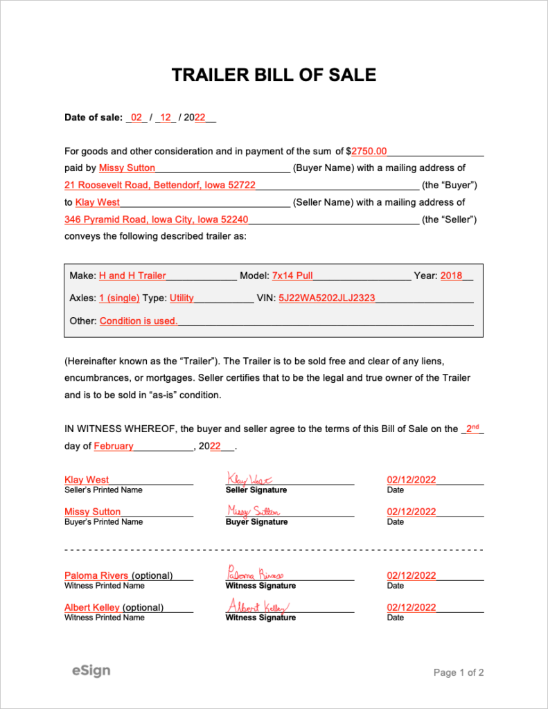 Free Trailer Bill of Sale Form | PDF | Word