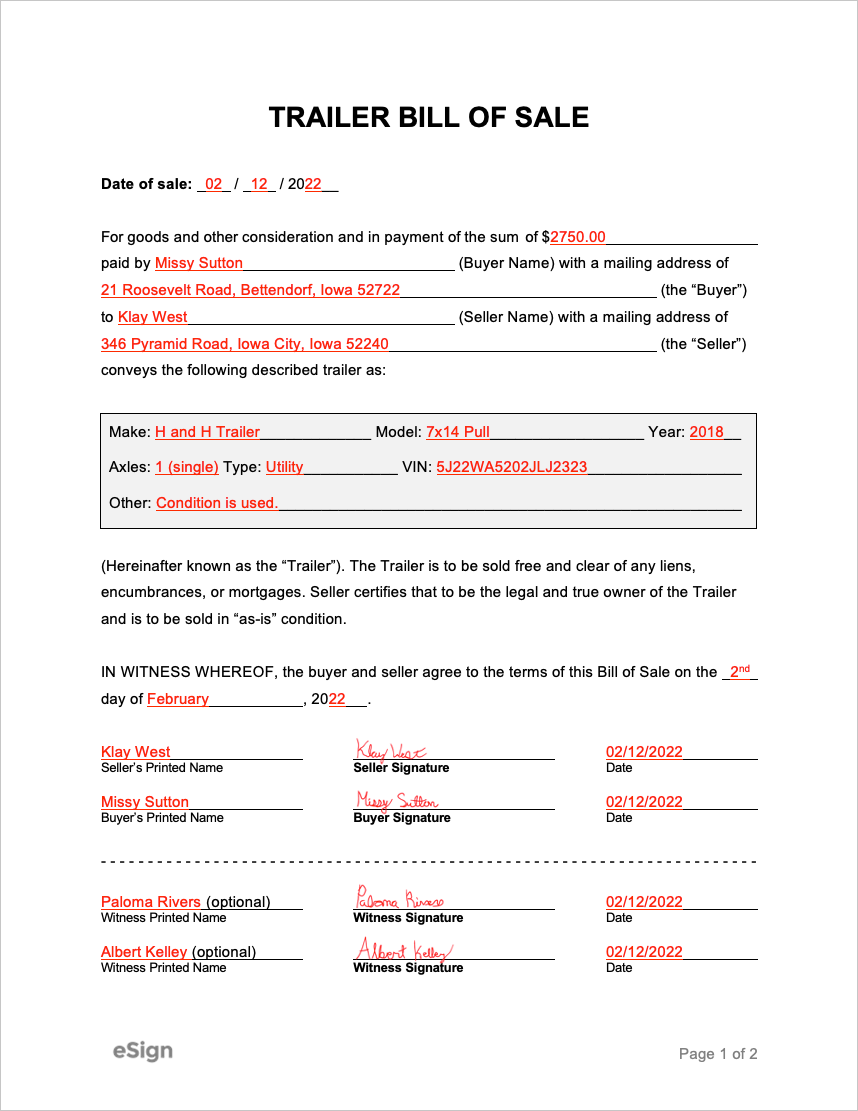 Bill Of Sale Trailer Free Printable Free Printable Templates