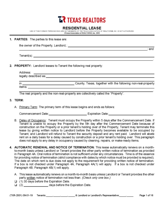 free texas standard residential lease agreement pdf word