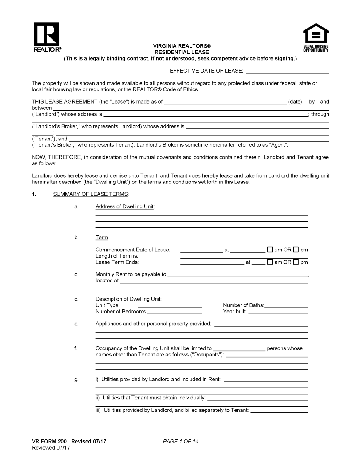 free virginia standard residential lease agreement template pdf