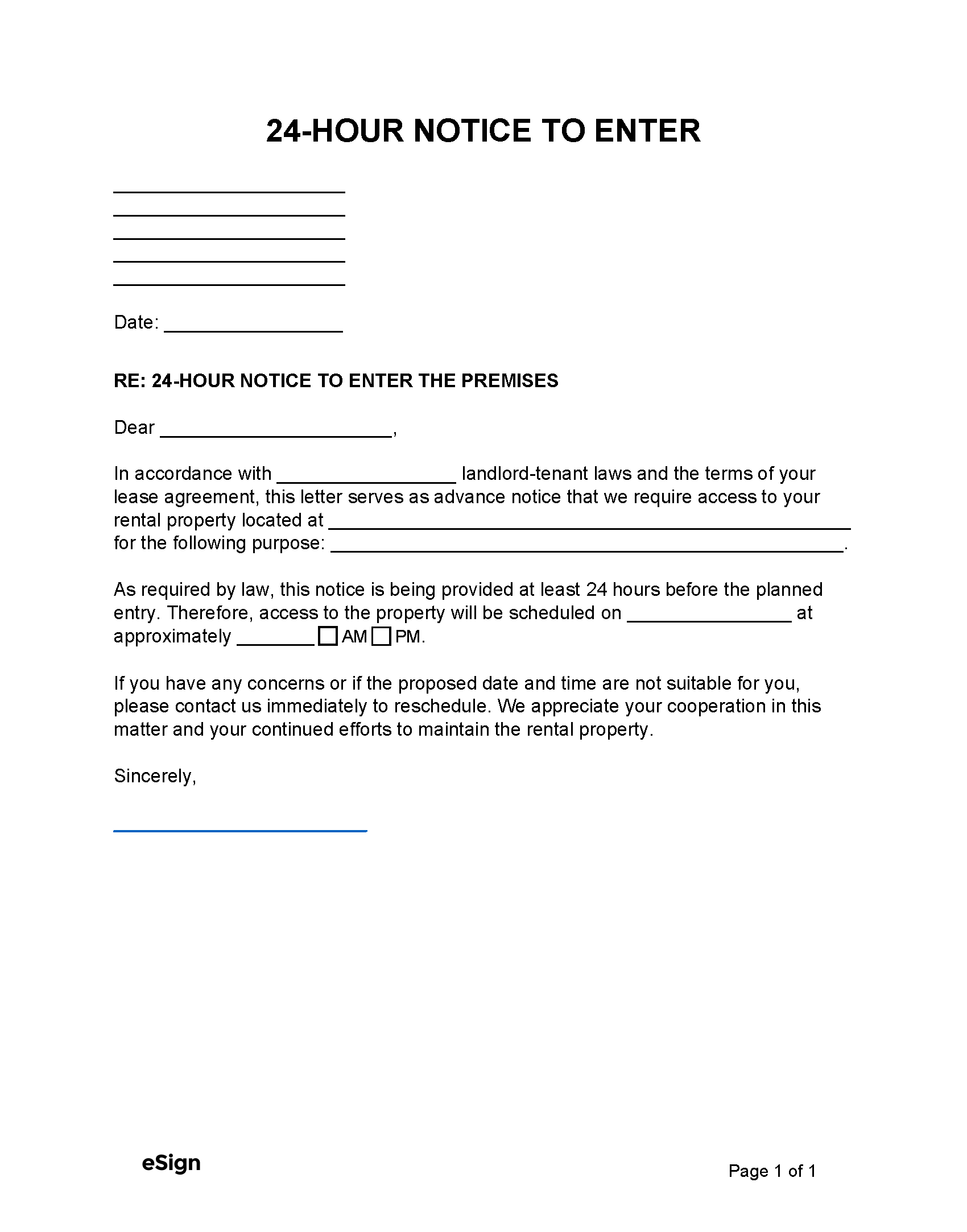 Free Landlord Notice to Enter 24 Hour PDF Word