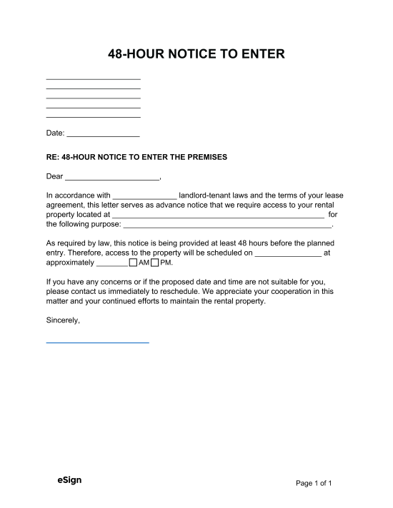 Landlord Notice To Enter Form Free Forms For Notice To Enter Property