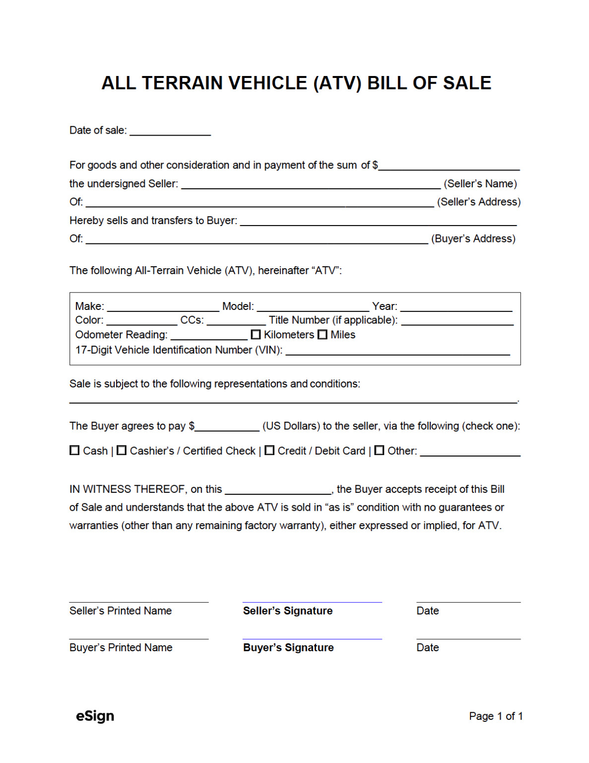 Free ATV Bill of Sale Form PDF Word